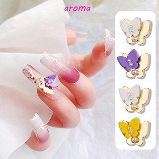 Aroma เพชรเพทาย ไข่มุก รูปผีเสื้อ 3D สองชั้น เครื่องประดับ สําหรับตกแต่งเล็บ