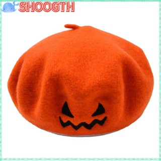 Shoogth หมวกเบเร่ต์ ผ้าขนสัตว์ ปักลายฟักทอง ฮาโลวีน สีพื้น สําหรับเด็กผู้หญิง