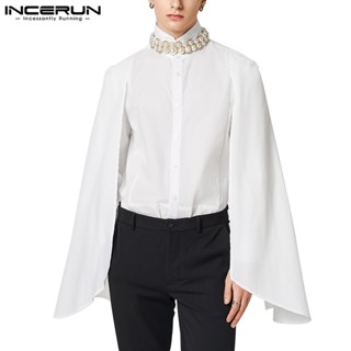 Incerun เสื้อเชิ้ตลําลอง สีพื้น สไตล์วินเทจ สําหรับผู้ชาย