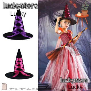 Lucky หมวกแม่มด แต่งริบบิ้น แต่งจับจีบ พิมพ์ลายปีศาจ สีดํา เหมาะกับปาร์ตี้ฮาโลวีน สําหรับเด็ก และผู้ใหญ่