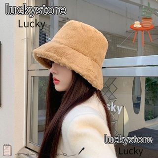 Lucky หมวกบักเก็ต ขนเฟอร์เทียม นิ่ม สีพื้น อบอุ่น เหมาะกับฤดูหนาว ของขวัญ สําหรับผู้หญิง