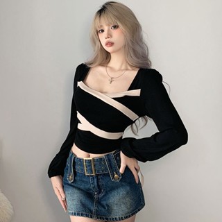 เสื้อยืด คอสี่เหลี่ยม เอวแคบ แต่งเชือกผูก สีคอนทราสต์ แฟชั่นฤดูใบไม้ร่วง สไตล์ใหม่