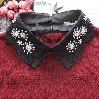 Mxmio ปกเสื้อเชิ้ตปลอม ผ้าฝ้าย ลายดอกไม้ ใบไม้ ประดับมุก สีดํา สีขาว