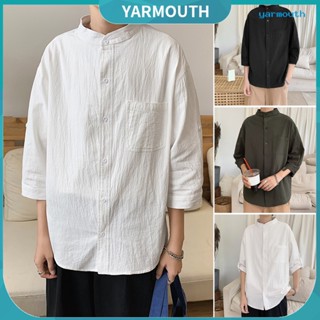 Yyr-- เสื้อเชิ้ตลําลอง คอปก แขน 3/4 กระดุมแถวเดียว ทรงหลวม สีพื้น สําหรับผู้ชาย