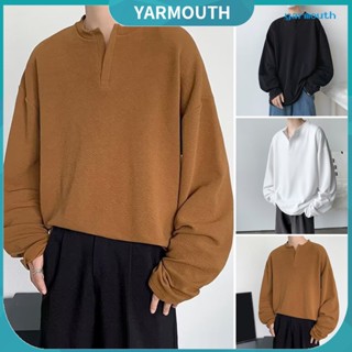 Yyr--เสื้อเชิ้ตผู้ชาย คอวี แขนยาว สีพื้น ระบายอากาศ ทรงหลวม ฤดูใบไม้ผลิ ฤดูใบไม้ร่วง ผู้ชาย เสื้อสวมหัว ทรงหลวม