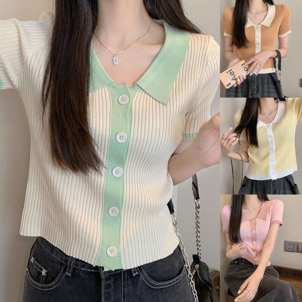 mimi&did*พร้อมส่ง*เสื้อครอปแฟชั่น ผู้หญิง เเขนสั้น คอโปโล สไตล์หวานๆของเกาหลี ตัดขอบสี เนื้อผ้านุ่มส