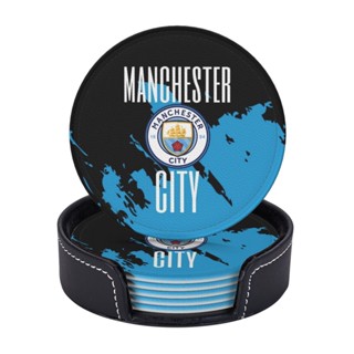 Manchesters City ที่รองแก้ว แบบหนัง 6 ชิ้น พร้อมที่จับ ป้องกันเฟอร์นิเจอร์จากรอยขีดข่วน และความเสียหาย