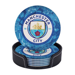 Manchesters City ที่รองแก้ว แบบหนัง 6 ชิ้น พร้อมที่จับ ป้องกันเฟอร์นิเจอร์จากรอยขีดข่วน และความเสียหาย