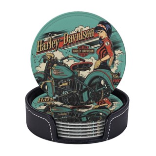 Harley Davidsons ที่รองแก้วหนัง พร้อมที่จับ 6 ชิ้น สําหรับป้องกันเฟอร์นิเจอร์จากรอยขีดข่วน และความเสียหาย