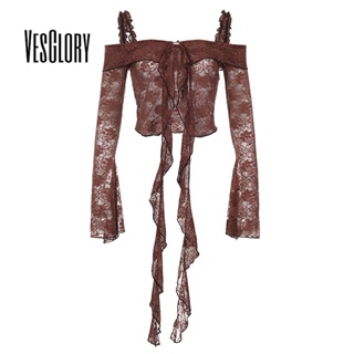 Vesglory เสื้อครอปท็อป เปิดไหล่ แต่งระบาย เข้ารูป พิมพ์ลาย สีพื้น แฟชั่นสําหรับสตรี 2023