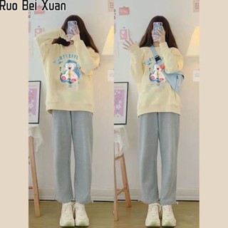 Ruo Bei Xuan เสื้อสเวตเตอร์พิมพ์สร้างสรรค์แขนยาวแขนยาวหนาใหม่ของผู้หญิงหลวมสบายๆ