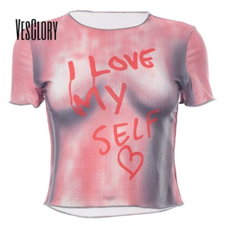 Vesglory เสื้อครอปท็อป คอกลม แขนสั้น พิมพ์ลาย สีพื้น ทรงสลิมฟิต แฟชั่นสําหรับผู้หญิง 2023