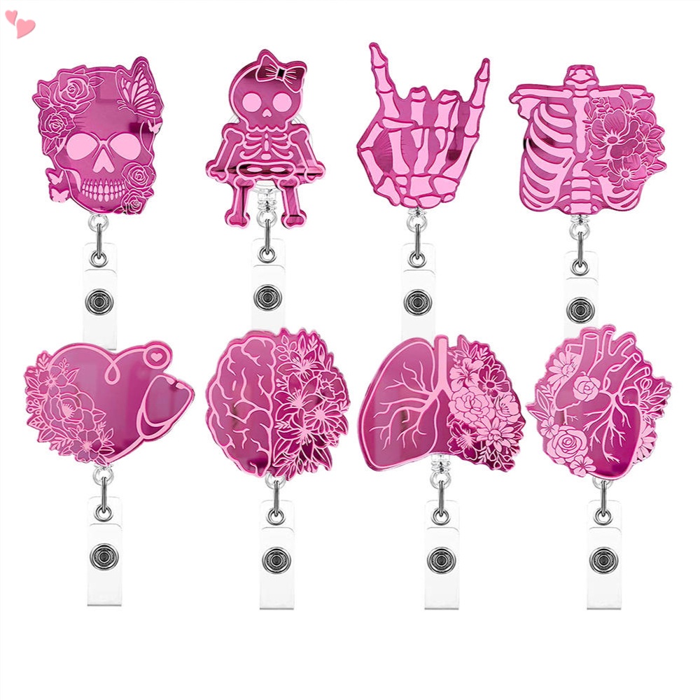 Xray Badge Reels Skeleton Retractable Badge คลิปผู้ถือจระเข้คลิปฮาโลวีนกระจกสีชมพูอะคริลิคซี่โครง Sk