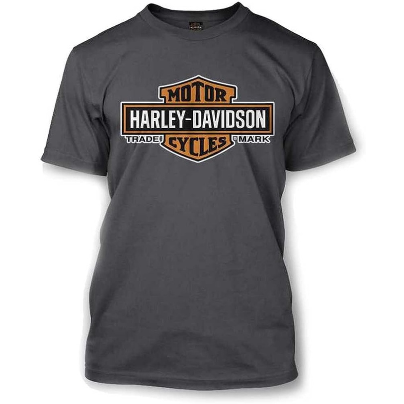 Harley-Davidson Mens Elongated Orange Bar & Shield Charcoal T-Sh - Baju - Kaos - Baju Kaos - เสื้อยื