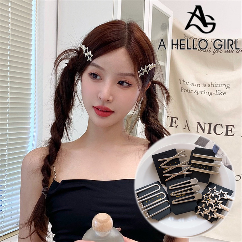 A HELLO GIRL กิ๊บติดผมโลหะ สีเงิน รูปดาว แบบรูกลวง ด้านข้าง สําหรับผู้หญิง