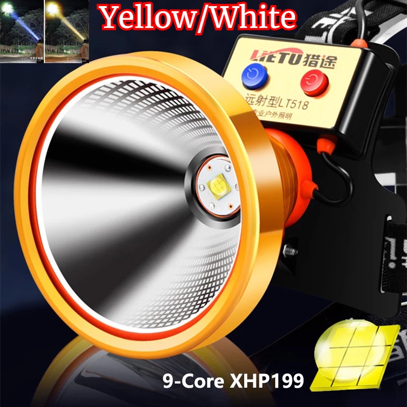 800000Lm XHP199 ไฟฉายคาดศีรษะ Led สีเหลือง ขาว สว่างมาก XHP90.2 ชาร์จ USB สําหรับตั้งแคมป์