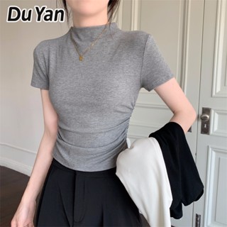 Du Yan เสื้อยืด คอปก แขนสั้น สีดํา ฤดูร้อน สําหรับผู้หญิง