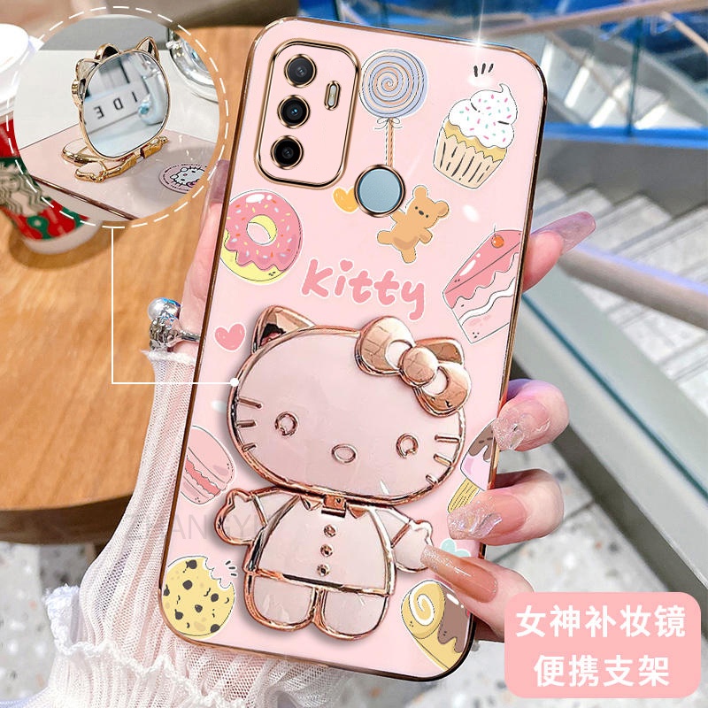 เคสโทรศัพท์มือถือ ซิลิโคนนิ่ม กันกระแทก ลาย Hello Kitty Cat 3D พร้อมกระจกแต่งหน้า แบบพกพา สําหรับ OPPO A53 2020 4G A53S 4G A33 2020 A32 2020