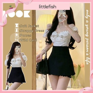 [Littlefish] เสื้อแขนพัฟ เปิดไหล่ข้างเดียว และกระโปรง เอวสูง หรูหรา สองชิ้น สําหรับเด็กผู้หญิง