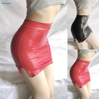 【HODRD】Women Skirt Gloss High Quality High Waist Mini Skirt PU Leather Sexy Slit【Fashion】