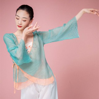 Shopkeepers selection# classical dance suit body rhyme gauze shirt contrast color hot diamond top Chinese dance suit bell sleeve practice suit elegant new 8.21N