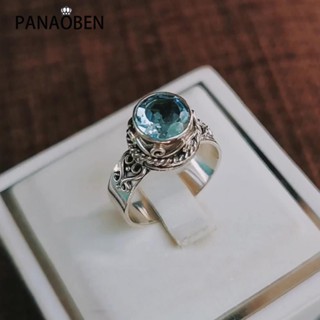 Panaoben แหวนพลอย ทรงกลม สีฟ้าอ่อน สไตล์วินเทจ ปรับได้ สําหรับผู้หญิง