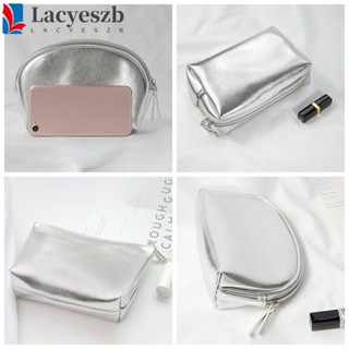 Lacyeszb กระเป๋าเครื่องสําอาง หนัง PU ทรงตัว T มีซิป กันน้ํา สีเงิน