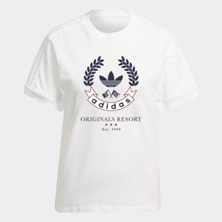 adidas ไลฟ์สไตล์ เสื้อยืดพิมพ์ลายตรา ผู้หญิง สีขาว HL6556