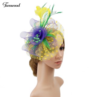 Twowood มุกเทียม ตกแต่ง ลายจุด พิมพ์ Fascinator หมวก คลิปโลหะ ตาข่าย ดอกไม้ ขนนก ตกแต่งปาร์ตี้ หมวกกันน็อก เครื่องประดับผม