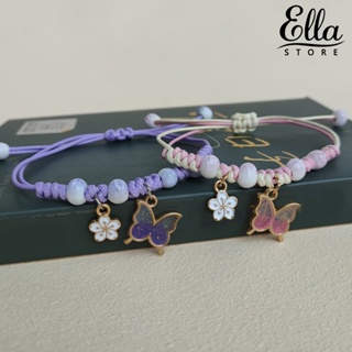 Ellastore123 สร้อยข้อมือถัก จี้รูปผีเสื้อ ดอกไม้ แฟชั่นสําหรับผู้หญิง