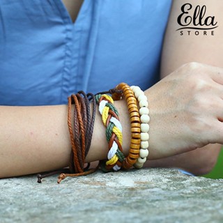 Ellastore123 สร้อยข้อมือลูกปัดถัก ประดับพู่ สี่ชั้น ปรับได้ น้ําหนักเบา สไตล์วินเทจ เรโทร สําหรับผู้หญิง 4 ชิ้น