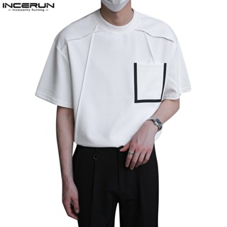 Incerun เสื้อยืด คอกลม แขนสั้น สีพื้น สไตล์เกาหลี สําหรับผู้ชาย