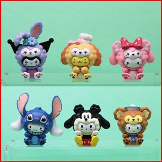 Ere1 โมเดลฟิกเกอร์ Sanrio x Disney Stitch Cinnamoroll StellaLou Kuromi Linabell Melody ของเล่นสําหรับเด็ก 6 ชิ้น