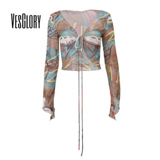 Vesglory เสื้อครอปท็อป แขนยาว คอวี ทรงไม่สมมาตร พิมพ์ลาย สีตัดกัน แฟชั่นสําหรับผู้หญิง 2023