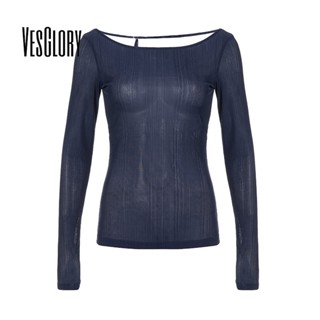 Vesglory เสื้อครอปท็อปแขนยาว คอกลม ทรงสลิมฟิต สีพื้น แฟชั่นสําหรับผู้หญิง 2023