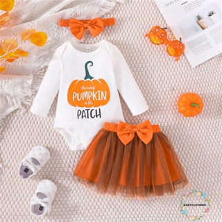 Babyclothes- ชุดรอมเปอร์ แขนยาว พิมพ์ลายฟักทอง ฮาโลวีน พร้อมกระโปรง ที่คาดผม สําหรับเด็กผู้หญิง