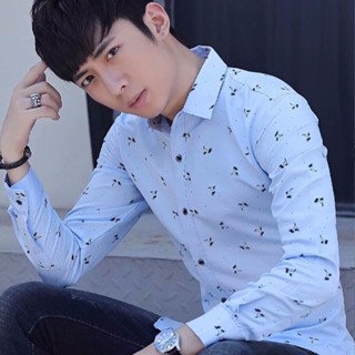 เสื้อเชิ้ตแขนยาวลําลอง เข้ารูป พิมพ์ลาย สไตล์เกาหลี สําหรับผู้ชาย