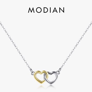 Modian สร้อยคอโซ่เงินแท้ 925 จี้รูปหัวใจคู่ สีทอง และสีขาว คุณภาพสูง เครื่องประดับ สําหรับผู้หญิง งานแต่งงาน ของขวัญ