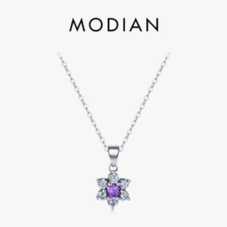 Modian สร้อยคอเงินแท้ 100% 925 จี้คริสตัล รูปดอกไม้ สีม่วง เรียบง่าย เครื่องประดับ สําหรับผู้หญิง