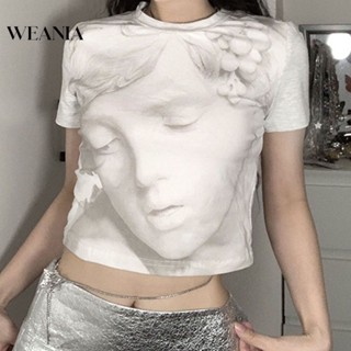 Weania เสื้อยืด แขนสั้น พิมพ์ลายใบหน้า สีคมชัด สําหรับผู้หญิง