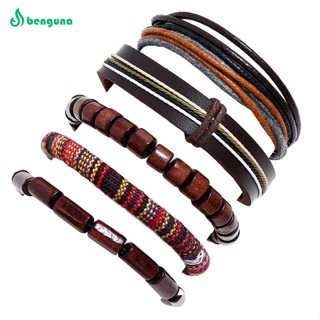 Benguna 5 ชิ้น / เซต สร้อยข้อมือถัก สายรัดข้อมือหนัง วินเทจ ชนเผ่า กําไลข้อมือ สําหรับผู้ชาย และผู้หญิง