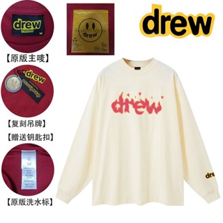 A3 [Drew ลายพิมพ์หน้ายิ้ม] ตัวอักษรหน้ายิ้ม เสื้อยืดแขนยาว FOG ลายพิมพ์ลายขวางถนน เสื้อเชิ้ตแขนยาวแบบคู่รัก