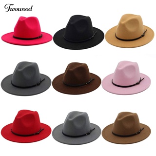 Twowood หมวกแจ๊ส ปีกกว้าง ระบายอากาศ สีพื้น หมวก Fedora ฤดูหนาว ฟล็อปปี้ ผู้หญิง หมวกสตรีท