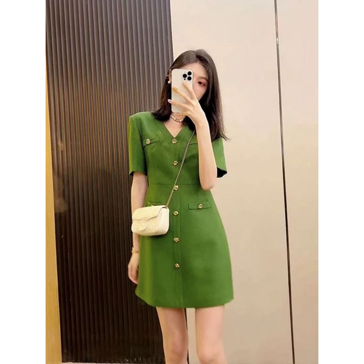 มินิเดรส ผ้าทวีด เดรสคอวี แขนสั้น ทรงปล่อย ลุคคุณหนูมากๆ งานจริงสวยมาก