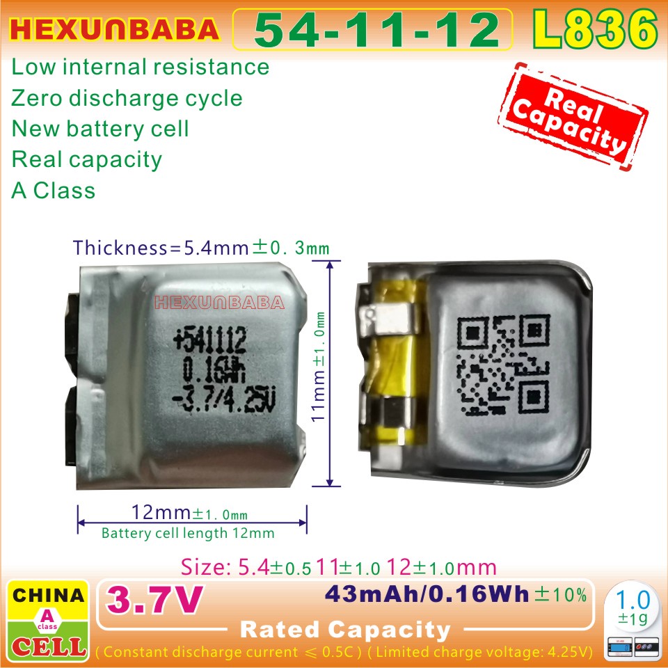 5ชิ้น [L836] 3.7โวลต์43มิลลิแอมป์ชั่วโมง541112โพลิเมอร์ Li-Ion แบตเตอรี่เซลล์สำหรับ TWS หูฟัง R Edmi