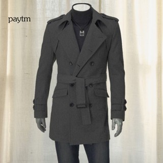 Paytm เสื้อโค้ท Trench Coat กระดุมสองแถว กันลม ความยาวปานกลาง สีพื้น แฟชั่นฤดูใบไม้ร่วง ฤดูหนาว สําหรับผู้ชาย