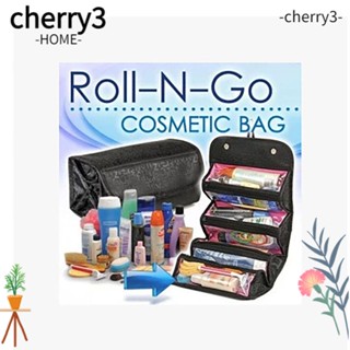 Cherry3 กระเป๋าเครื่องสําอาง แบบพับได้ อเนกประสงค์ มีซิป สีดํา สําหรับผู้หญิง