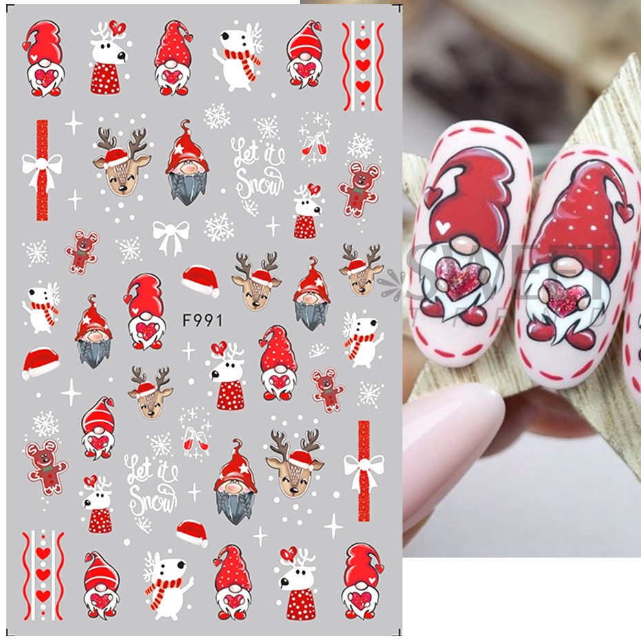 F991 สติกเกอร์เล็บคริสต์มาสสีแดงและสีขาว 3D น่ารัก Gnomes Reindeer Santa Claus Gingerbread Man Snowm
