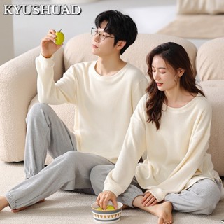 KYUSHUAD ชุดอยู่บ้านผ้าฝ้ายวาฟเฟิลแขนยาวสามารถสวมใส่นอกชุดนอนคู่ใหม่ได้