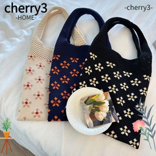 Cherry3 กระเป๋าถือ ผ้าถัก แฮนด์เมด ความจุสูง ลายดอกไม้ สําหรับนักเรียน